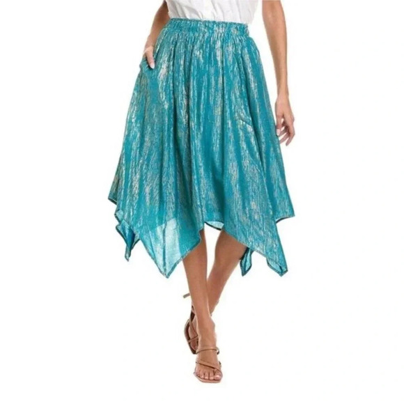 Nanette Lepore Dresses & Skirts - Nanette Lepore‎ Skirt Womens M Teal Gold Pull On Elastic Waist Handkerchief Hem
